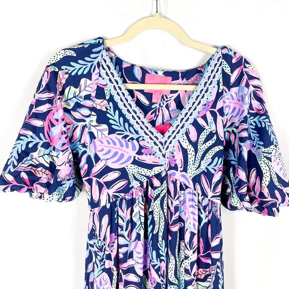 Lilly Pulitzer Manuela Maxi Dress Oyster Bay Navy Pink Spotted V-Neck Sz XS‎ - Picture 6 of 12